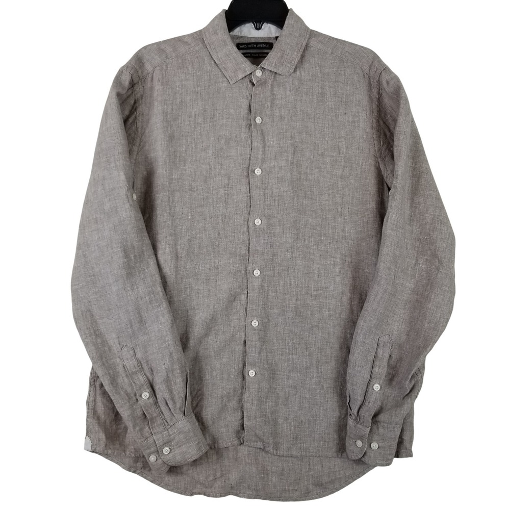 Saks Fifth Avenue Mens Classic Fit 100% Linen Button Down Shirt Taupe Brown L